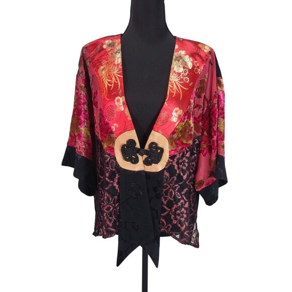 Spencer Alexis Tops - Vintage Spencer Alexis S Black Red Velvet Burnout Blouse Kimono Embroidered Lace